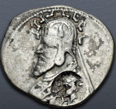 Tanlis Mardates,  ca. 25 BCE  (Indo-Parthian - Aria or Margiana - Silver Drachm -  countermarked Rhagai mint - Phraates III)